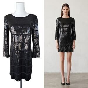 THEORY Harmen Black Sequin Mini Dress Medium 3/4 Sleeve Party Luxe Minimalist